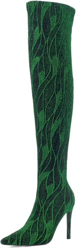 Frankie Hsu Big Size US5-11 Kitten Over Knee High Heeled Boots, Green Black Thigh High Heels Boots, Special Stripe Design Shiny Glitter Stretch Fabric Over The Knee High Heeled Shoe for Women