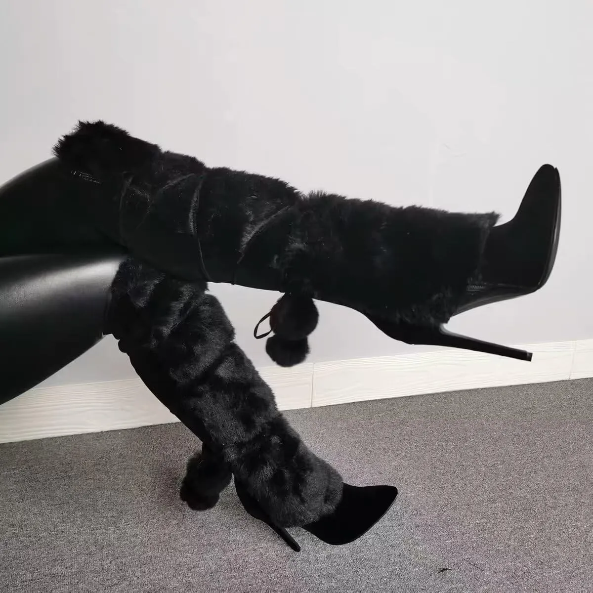Frankie Hsu Fashion Designer Sexy Big Size Black Furry Flurffy Fuzzy Plush Faux Fur Stiletto Heels Knee High Wide Calf Tall Long Winter Boots For Women US4-14