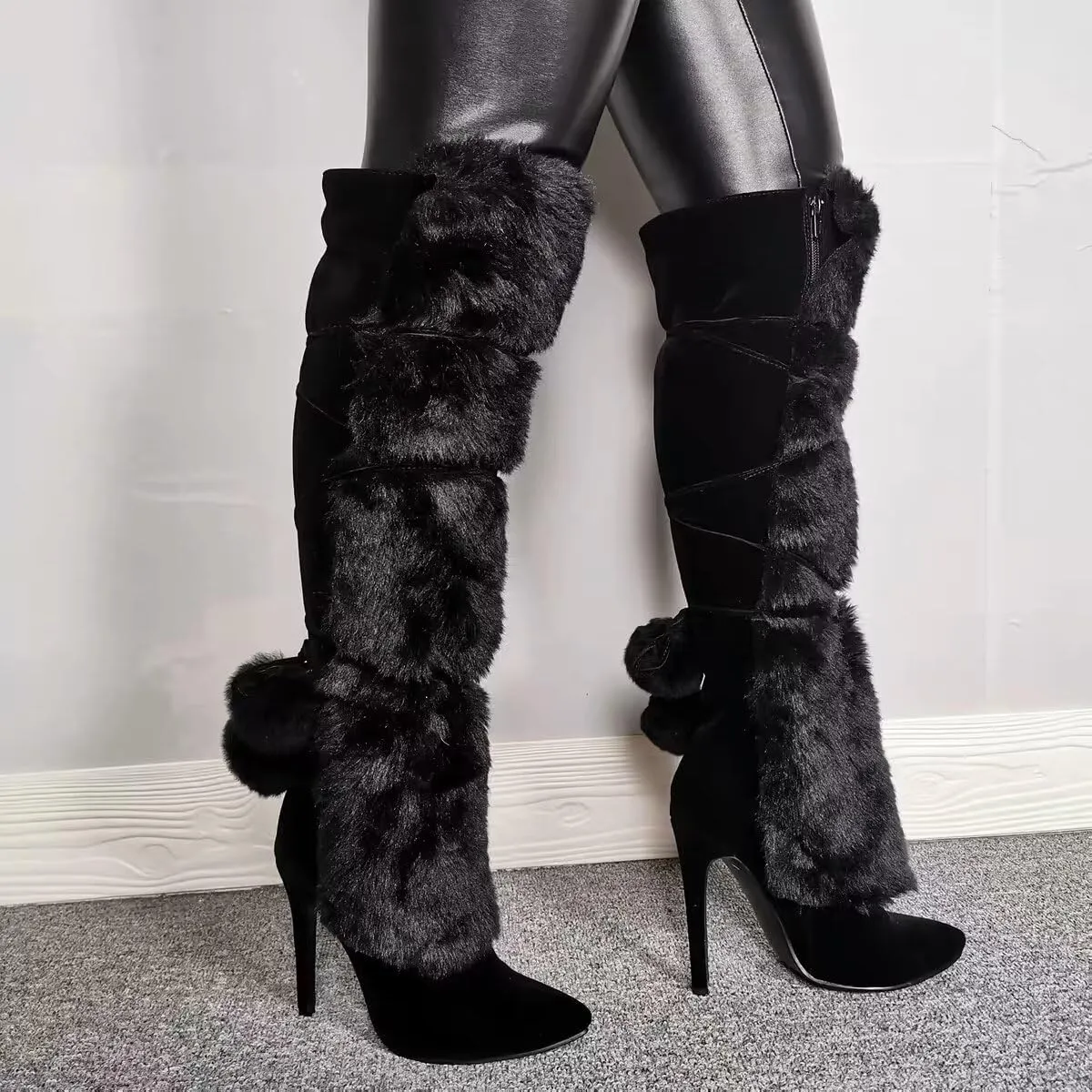 Frankie Hsu Fashion Designer Sexy Big Size Black Furry Flurffy Fuzzy Plush Faux Fur Stiletto Heels Knee High Wide Calf Tall Long Winter Boots For Women US4-14