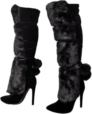 Frankie Hsu Fashion Designer Sexy Big Size Black Furry Flurffy Fuzzy Plush Faux Fur Stiletto Heels Knee High Wide Calf Tall Long Winter Boots For Women US4-14