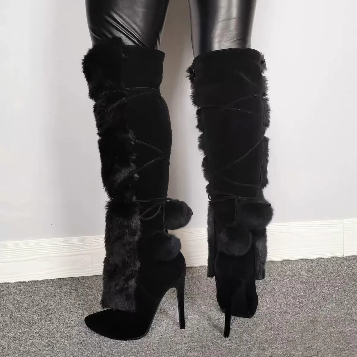 Frankie Hsu Fashion Designer Sexy Big Size Black Furry Flurffy Fuzzy Plush Faux Fur Stiletto Heels Knee High Wide Calf Tall Long Winter Boots For Women US4-14