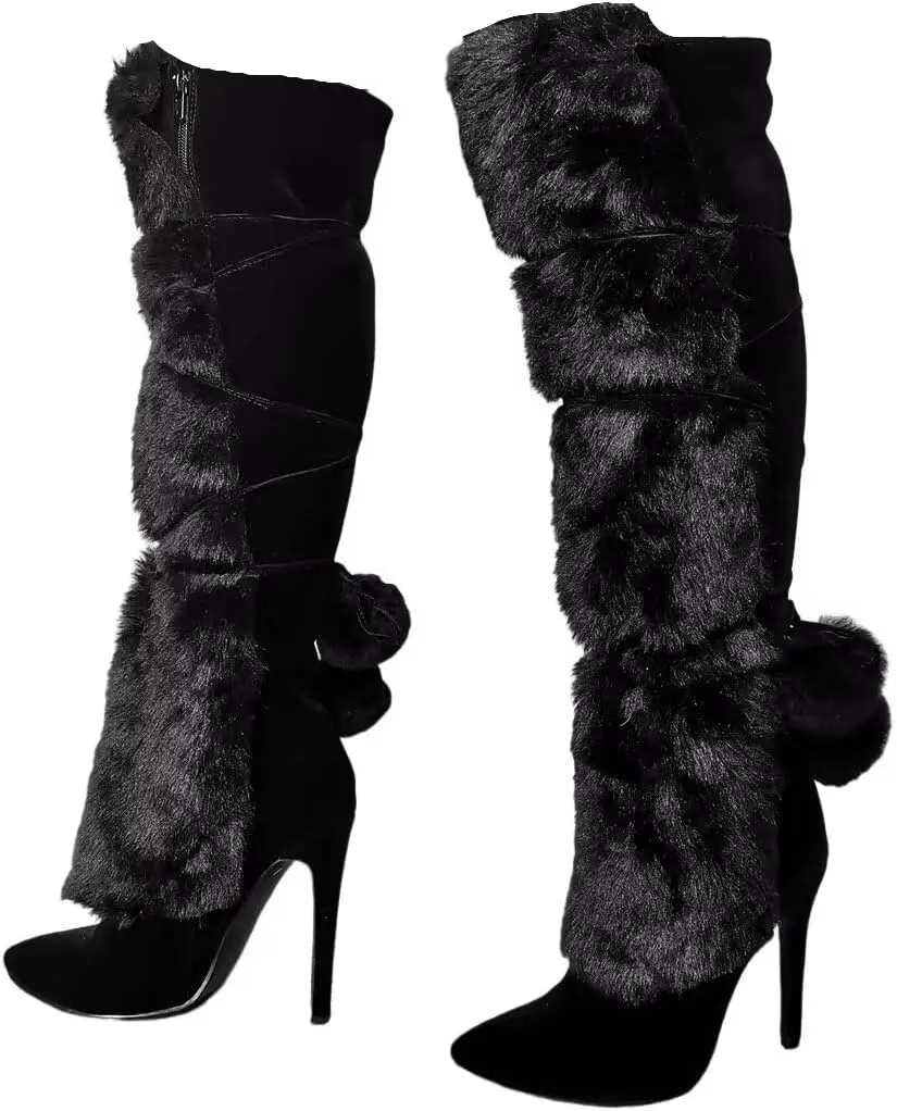 Frankie Hsu Fashion Designer Sexy Big Size Black Furry Flurffy Fuzzy Plush Faux Fur Stiletto Heels Knee High Wide Calf Tall Long Winter Boots For Women US4-14