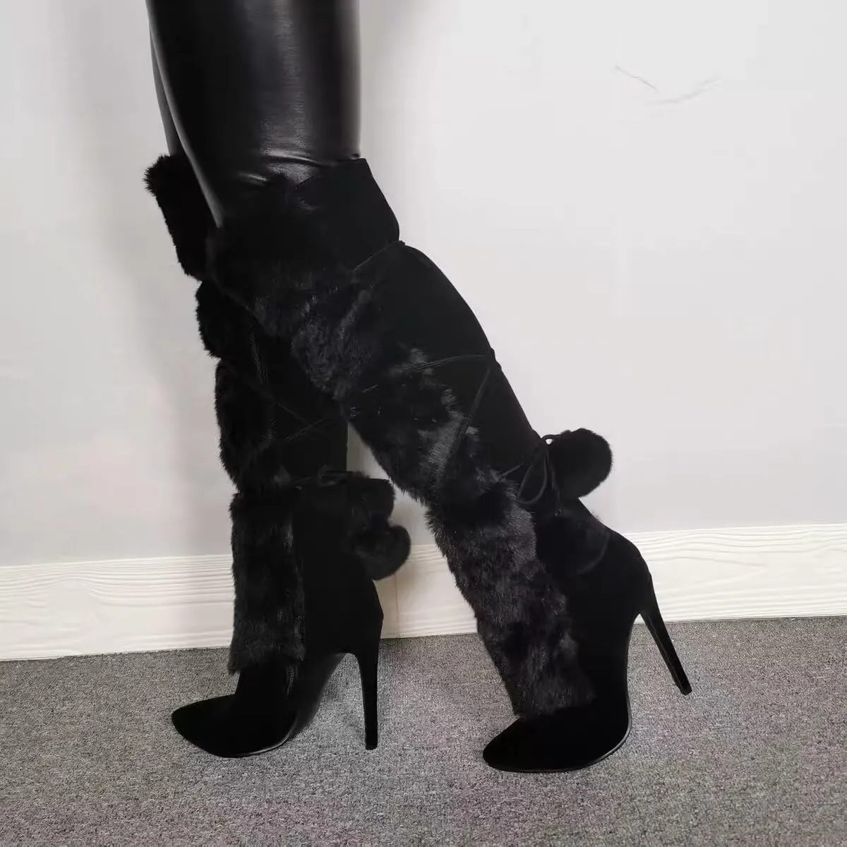 Frankie Hsu Fashion Designer Sexy Big Size Black Furry Flurffy Fuzzy Plush Faux Fur Stiletto Heels Knee High Wide Calf Tall Long Winter Boots For Women US4-14