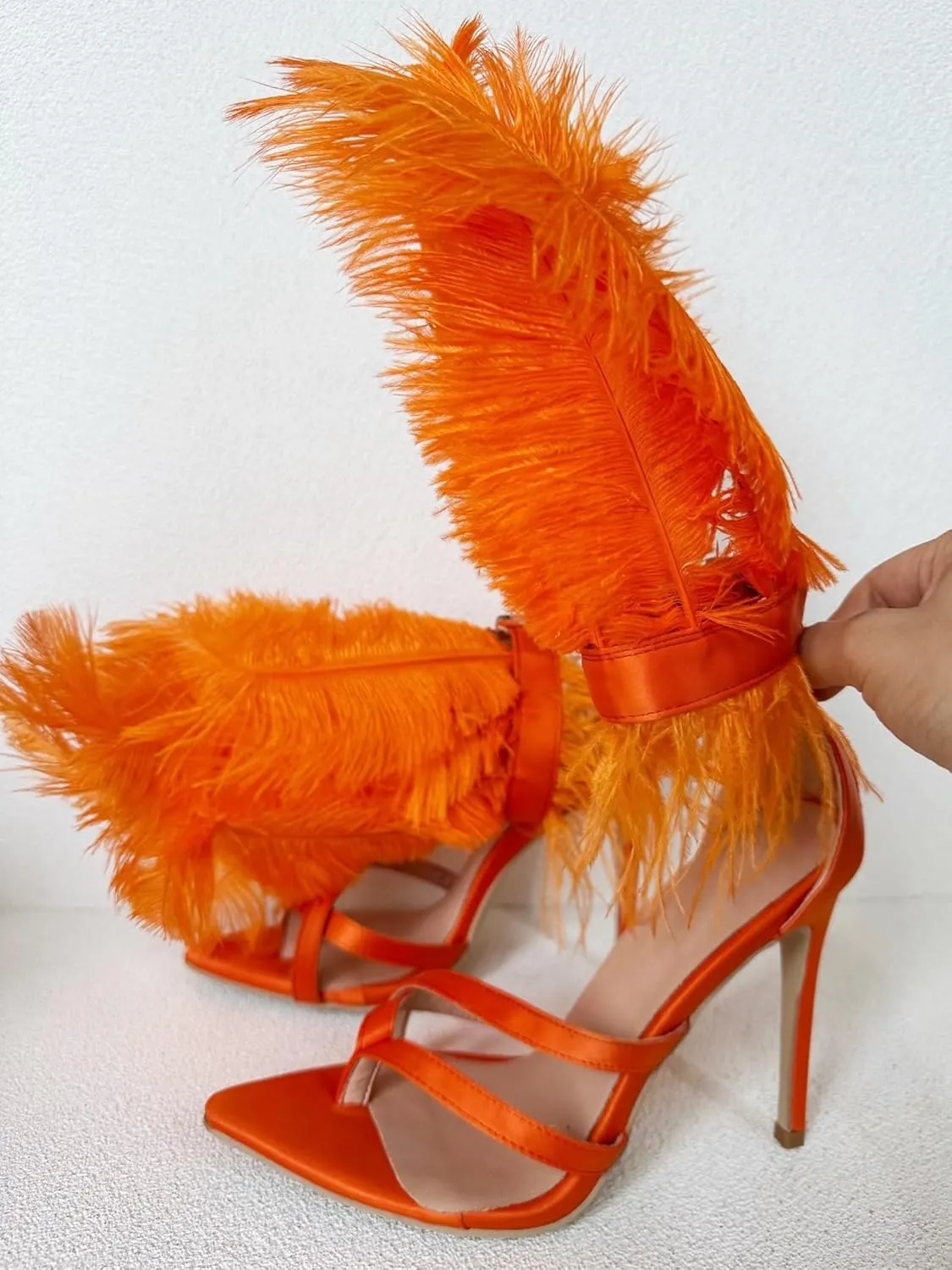 Frankie Hsu Ladies Girl Stiletto High Heeled Sandals, Orange Satin Ostrich Feathers Designer Style, Big Large Size US5-14 Unisex Shoes For Women Men