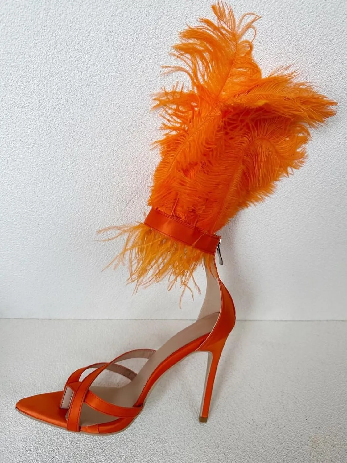 Frankie Hsu Ladies Girl Stiletto High Heeled Sandals, Orange Satin Ostrich Feathers Designer Style, Big Large Size US5-14 Unisex Shoes For Women Men