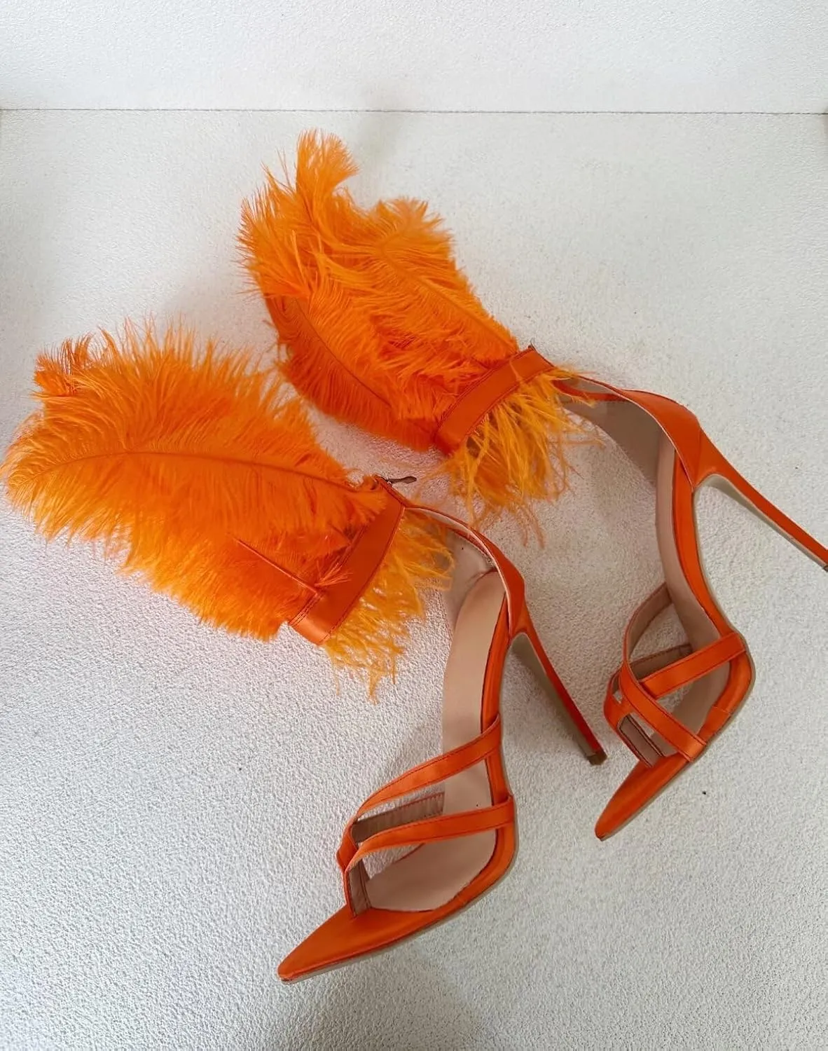Frankie Hsu Ladies Girl Stiletto High Heeled Sandals, Orange Satin Ostrich Feathers Designer Style, Big Large Size US5-14 Unisex Shoes For Women Men