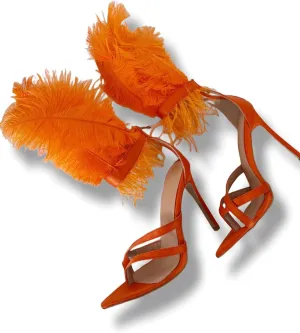 Frankie Hsu Ladies Girl Stiletto High Heeled Sandals, Orange Satin Ostrich Feathers Designer Style, Big Large Size US5-14 Unisex Shoes For Women Men