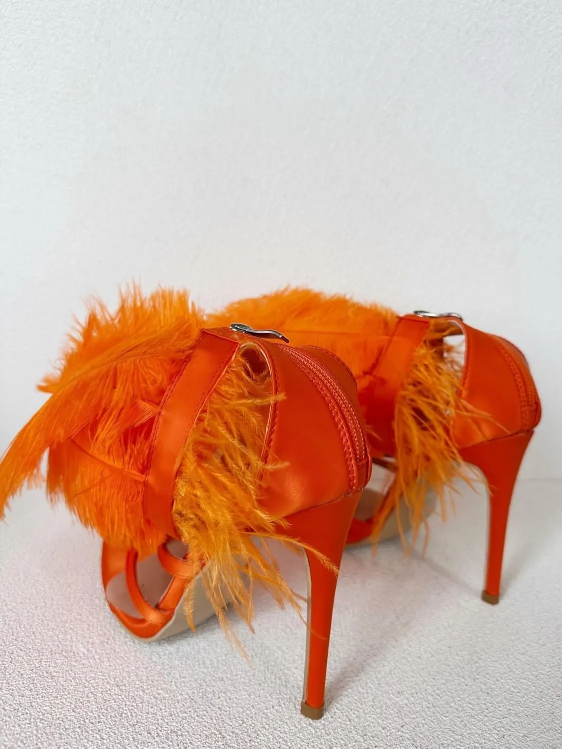 Frankie Hsu Ladies Girl Stiletto High Heeled Sandals, Orange Satin Ostrich Feathers Designer Style, Big Large Size US5-14 Unisex Shoes For Women Men