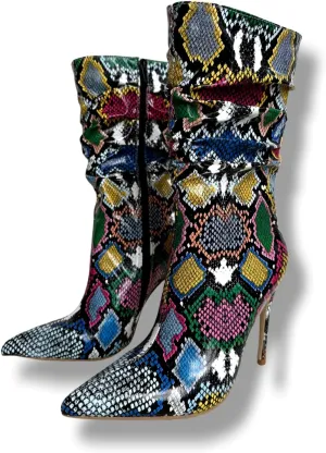 Frankie Hsu Ladies Stiletto High Heeled Ankle Bootie, Colorful Snake Python Print Style Heeled Bootie, Large Big Size Fashion Designer Short Boot For Women Men