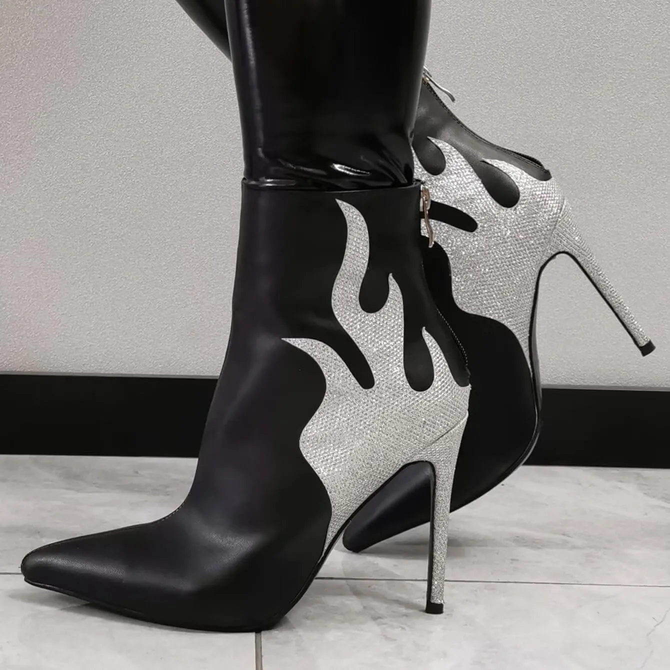 Frankie Hsu Stiletto High Heeled Ankle Boots, Black Glitter Silver Flame Pointd Toe Thin Heel Bootie, Sexy Fashion Designer Casual Dressy Ankle High Shoe For Women