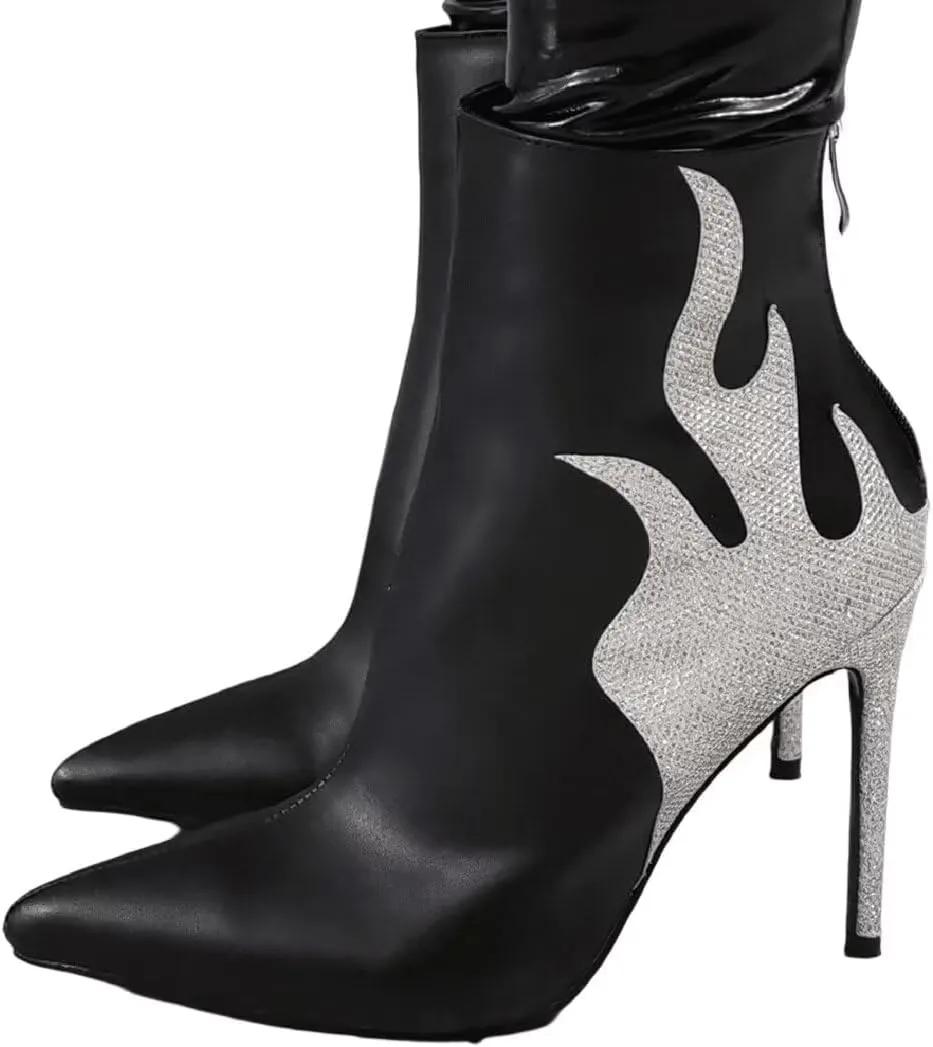 Frankie Hsu Stiletto High Heeled Ankle Boots, Black Glitter Silver Flame Pointd Toe Thin Heel Bootie, Sexy Fashion Designer Casual Dressy Ankle High Shoe For Women