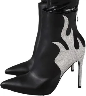 Frankie Hsu Stiletto High Heeled Ankle Boots, Black Glitter Silver Flame Pointd Toe Thin Heel Bootie, Sexy Fashion Designer Casual Dressy Ankle High Shoe For Women