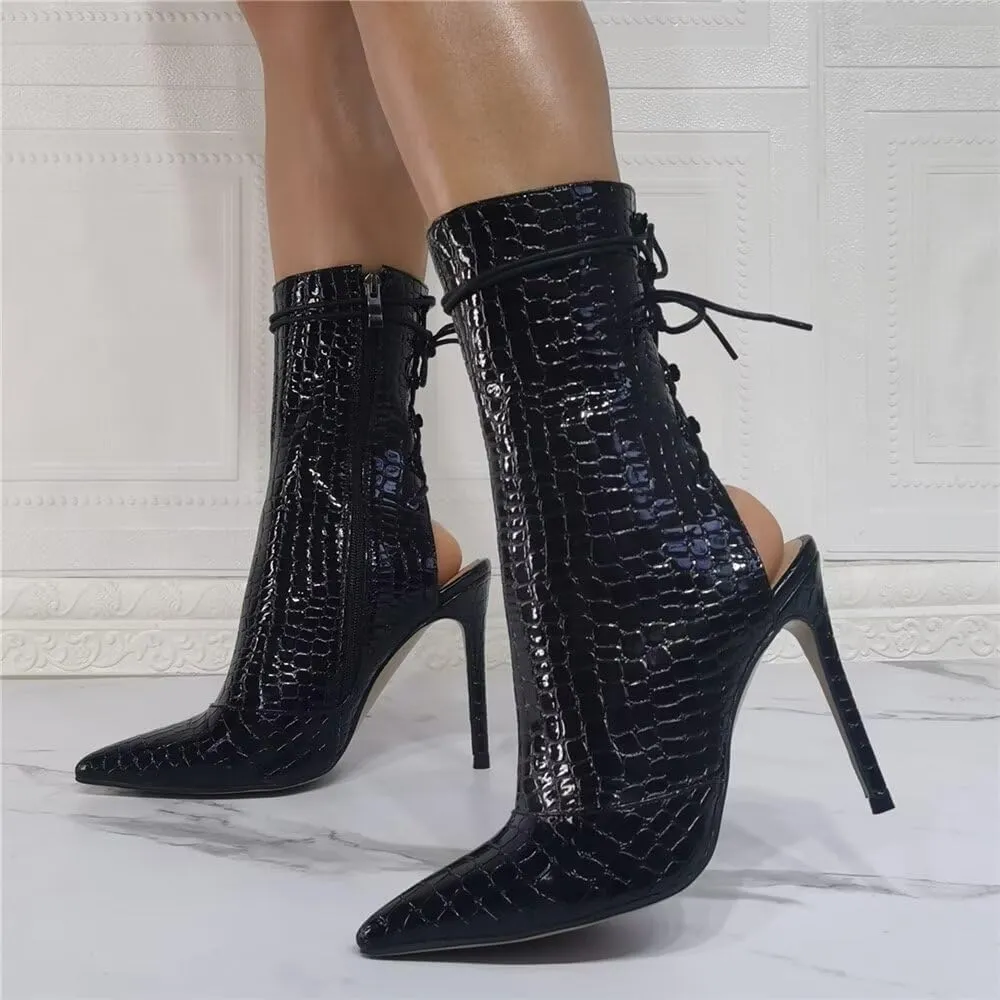 Frankie Hsu Stiletto High Heeled Ankle Boots, Black Synthetic Crocodile Patent Lace Up Slingback Thin Heel Bootie, New Sexy Fashion Designer Hot Dressy Big Size US4-14 Shoe For Women