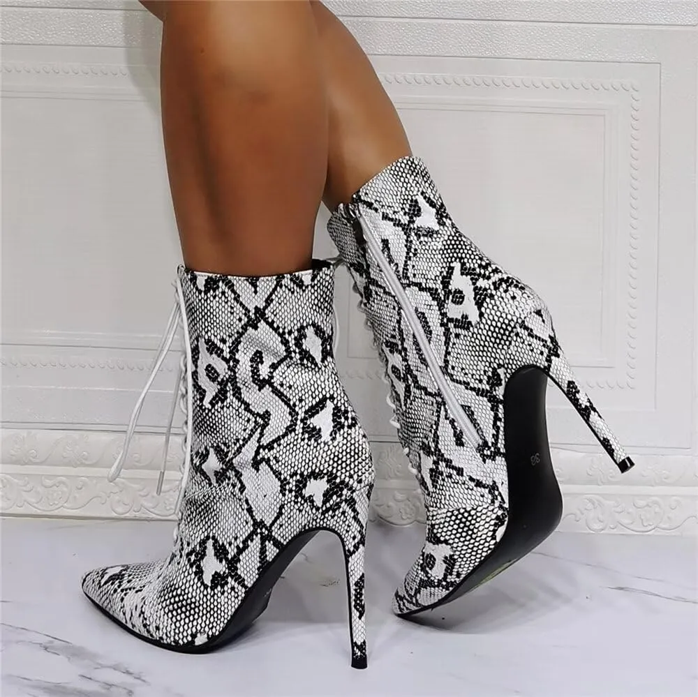 Frankie Hsu Stiletto High Heeled Ankle Boots, Sexy White Black Faux Python Snake Lizard Thin Bootie, Fashion Designer Elegant Dressy Big Size US4-14 Short Shoe For Women