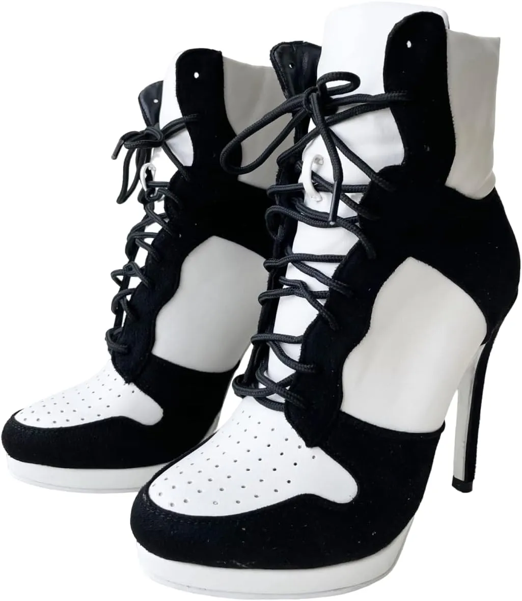 Frankie Hsu Stiletto Sport Basketball High Heeled Ankle Boots, Black Suede Classic White Sneaker Bootie, Big Size Fashion Designer Shoes For Women Men