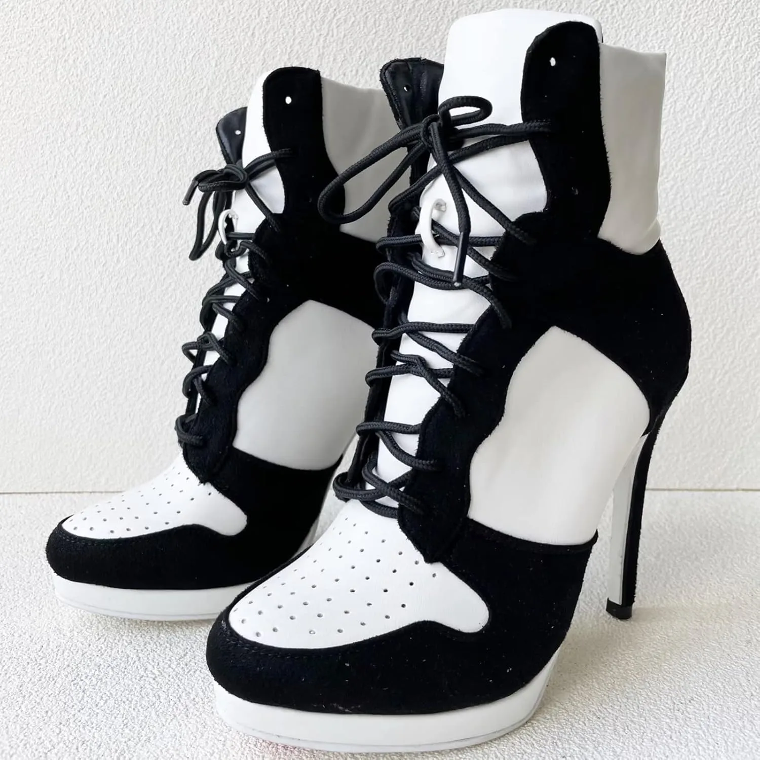 Frankie Hsu Stiletto Sport Basketball High Heeled Ankle Boots, Black Suede Classic White Sneaker Bootie, Big Size Fashion Designer Shoes For Women Men
