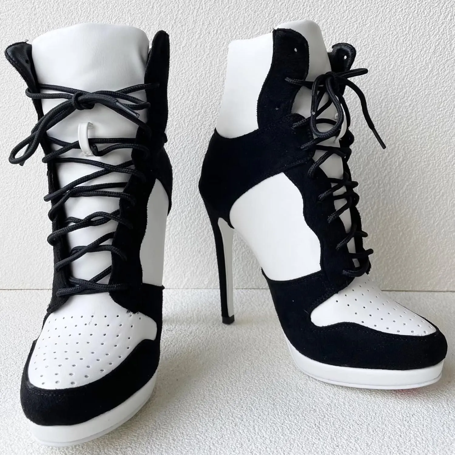 Frankie Hsu Stiletto Sport Basketball High Heeled Ankle Boots, Black Suede Classic White Sneaker Bootie, Big Size Fashion Designer Shoes For Women Men