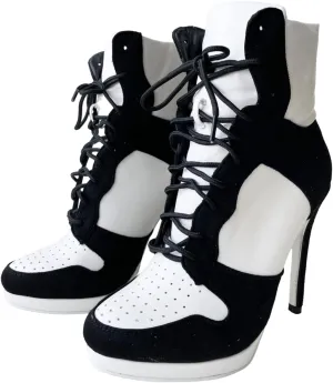 Frankie Hsu Stiletto Sport Basketball High Heeled Ankle Boots, Black Suede Classic White Sneaker Bootie, Big Size Fashion Designer Shoes For Women Men