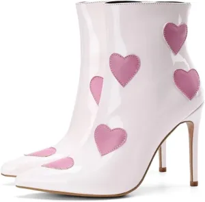 Frankie Hsu Women's Luxury Classic Large Size Cute Pink Heart-Shaped White Patent Leather High Heels Ankle Heeled Kitten Boots Bootie Shoes