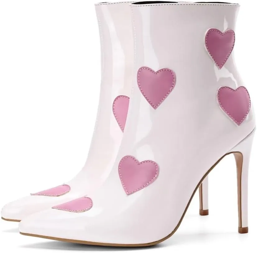 Frankie Hsu Women's Luxury Classic Large Size Cute Pink Heart-Shaped White Patent Leather High Heels Ankle Heeled Kitten Boots Bootie Shoes