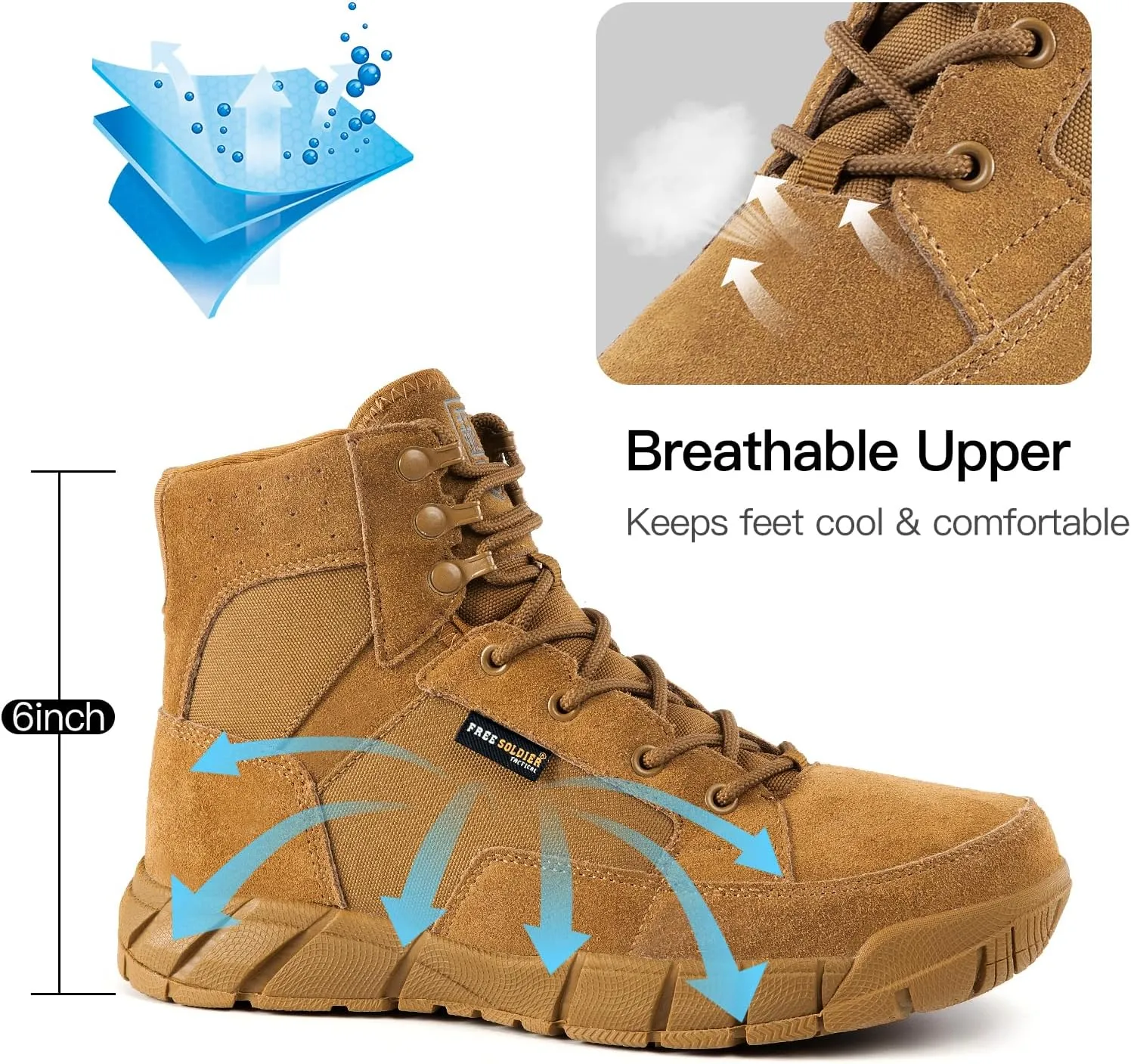 FREE SOLDIER Waterproof Hiking Work Boots Men's Tactical Boots 6 Inches Lightweight Military Boots Breathable Desert Boots