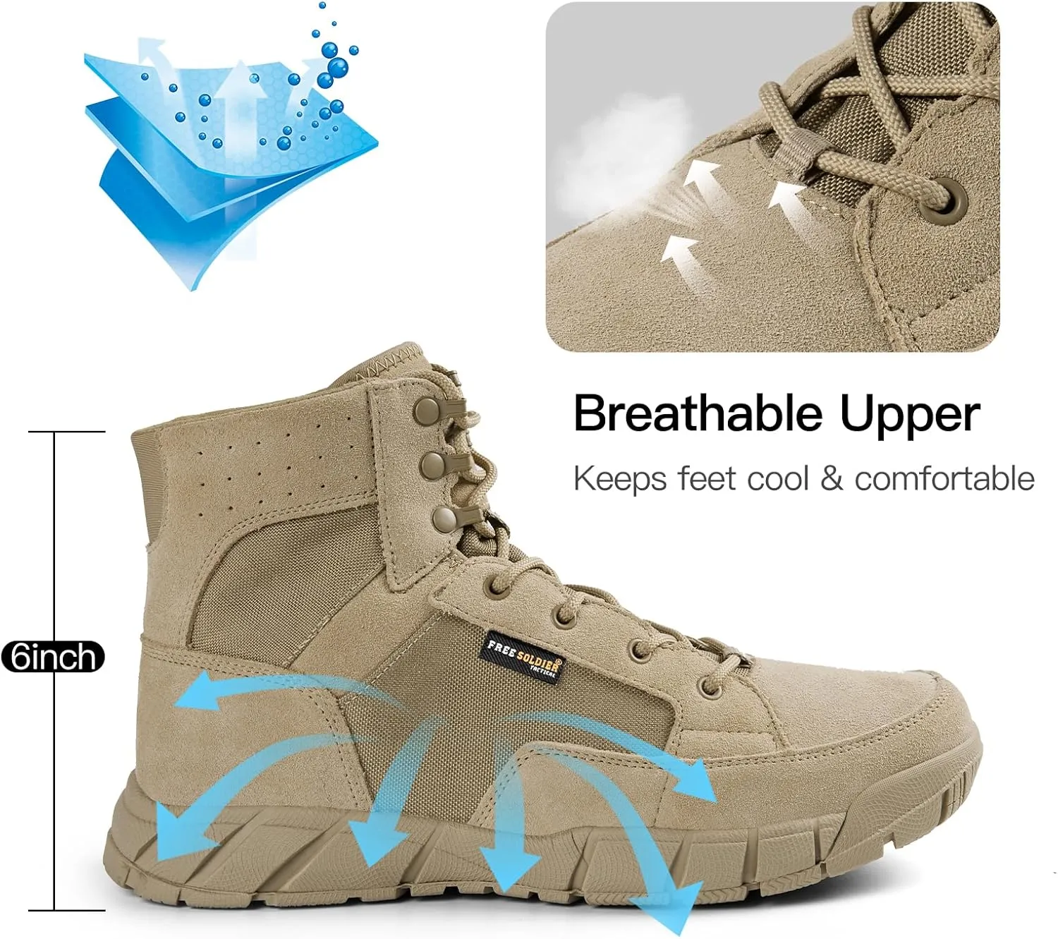 FREE SOLDIER Waterproof Hiking Work Boots Men's Tactical Boots 6 Inches Lightweight Military Boots Breathable Desert Boots