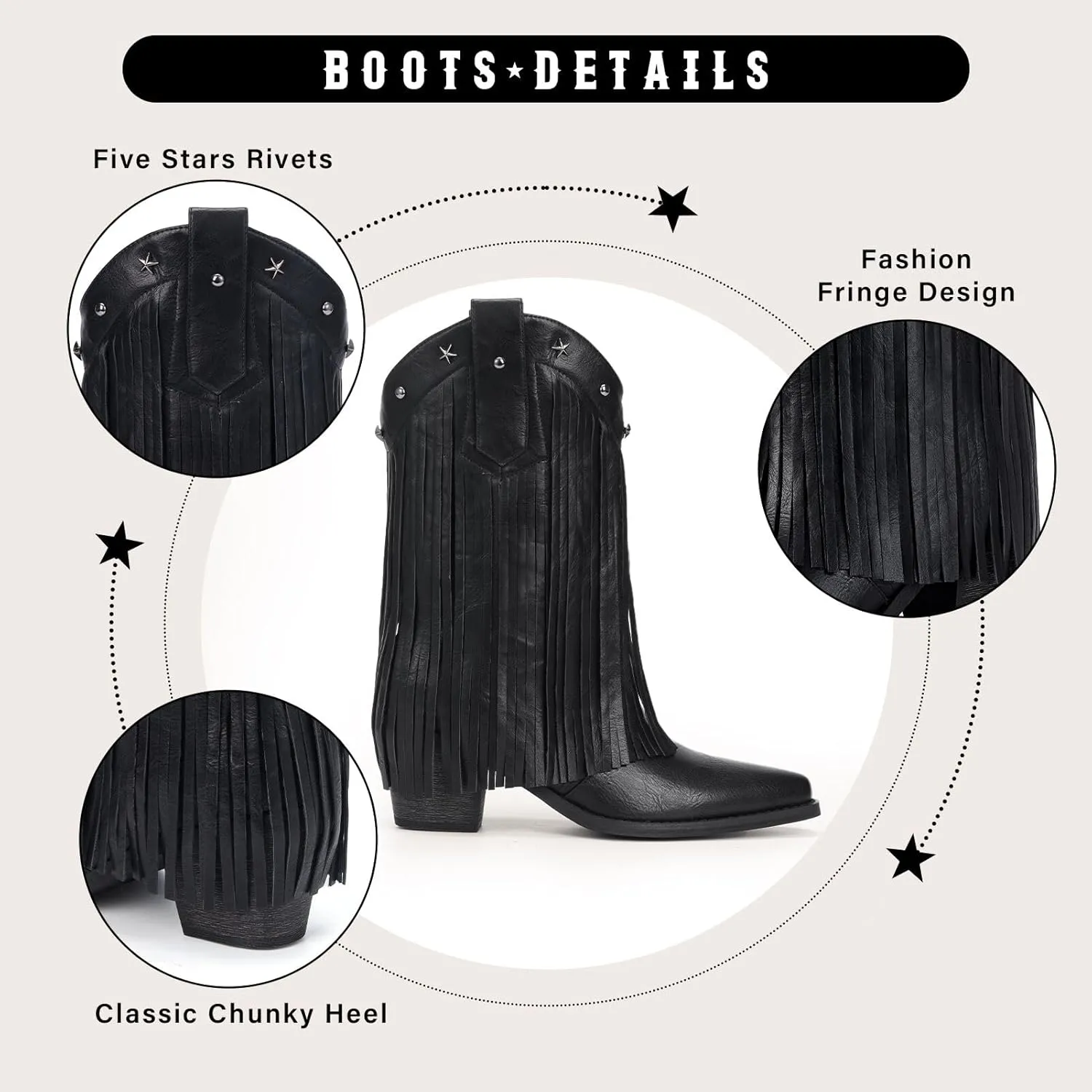 Fringe Cowboy Boots for Women – Mid Calf Cowgirl Boots with Star Studded, Pointed Toe and Chunky Heel, Perfect for Country Music Festivals