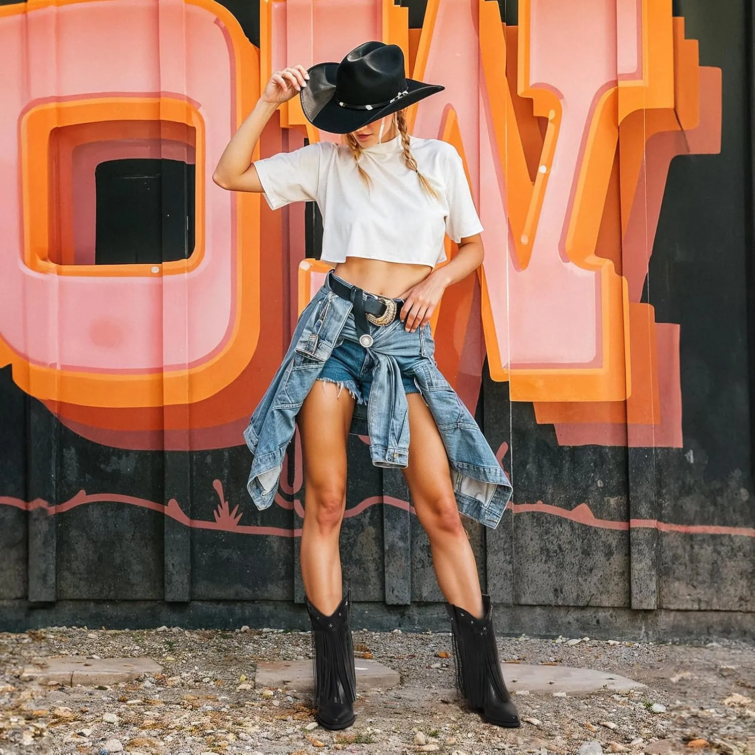 Fringe Cowboy Boots for Women – Mid Calf Cowgirl Boots with Star Studded, Pointed Toe and Chunky Heel, Perfect for Country Music Festivals