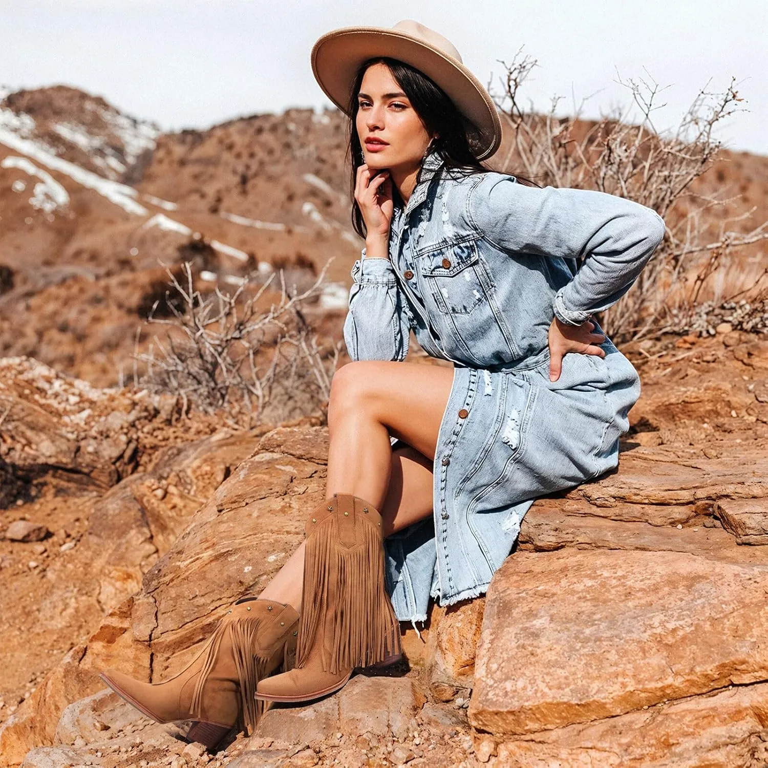 Fringe Cowboy Boots for Women – Mid Calf Cowgirl Boots with Star Studded, Pointed Toe and Chunky Heel, Perfect for Country Music Festivals