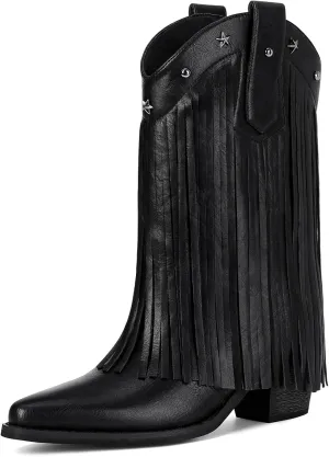 Fringe Cowboy Boots for Women – Mid Calf Cowgirl Boots with Star Studded, Pointed Toe and Chunky Heel, Perfect for Country Music Festivals