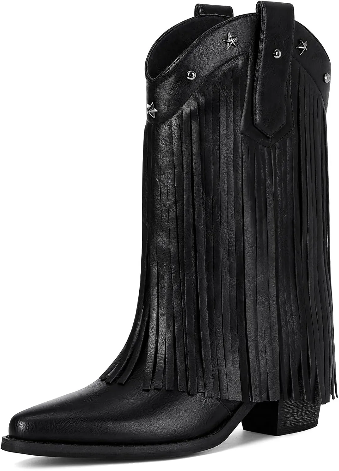 Fringe Cowboy Boots for Women – Mid Calf Cowgirl Boots with Star Studded, Pointed Toe and Chunky Heel, Perfect for Country Music Festivals