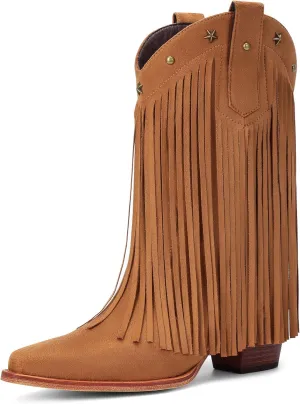 Fringe Cowboy Boots for Women – Mid Calf Cowgirl Boots with Star Studded, Pointed Toe and Chunky Heel, Perfect for Country Music Festivals