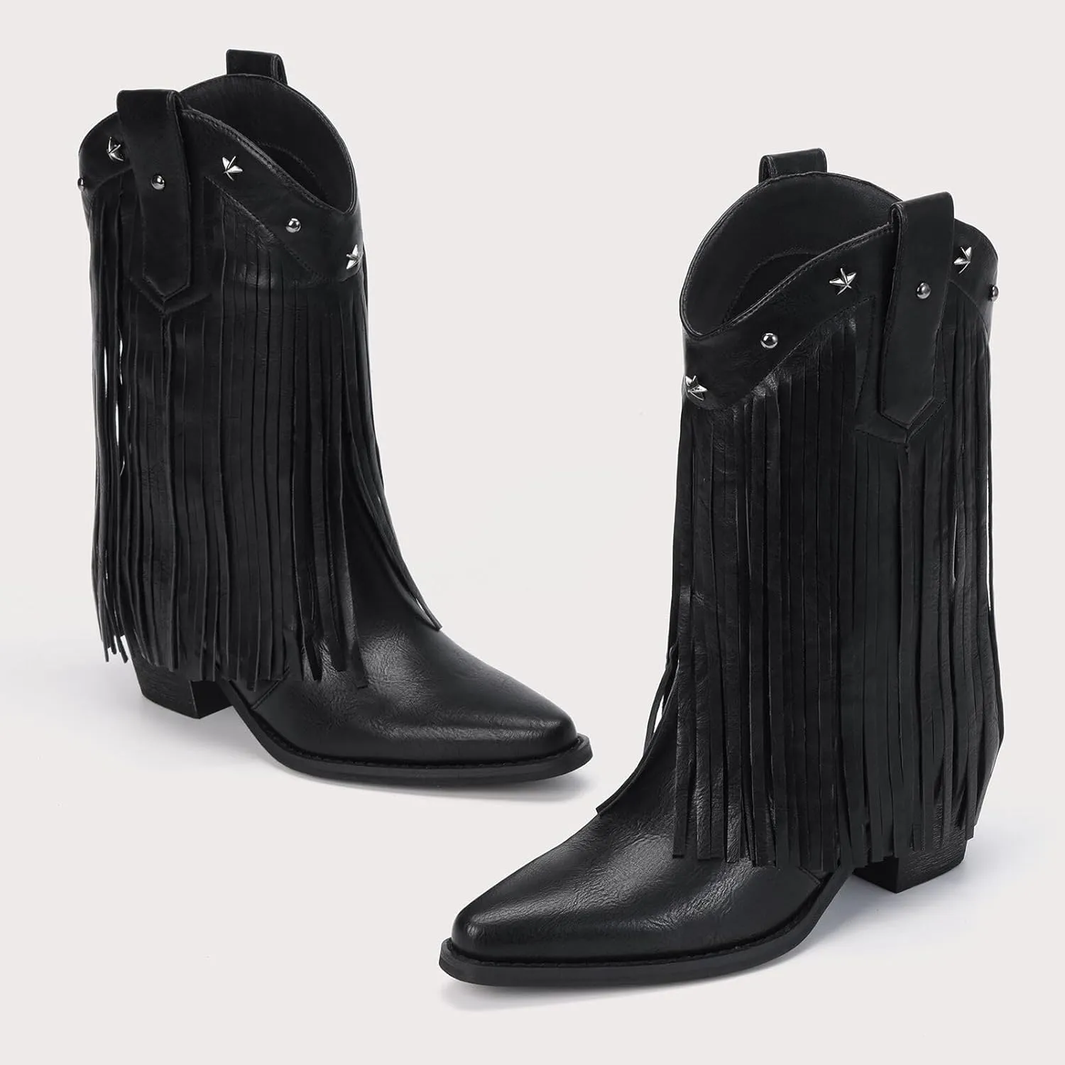 Fringe Cowboy Boots for Women – Mid Calf Cowgirl Boots with Star Studded, Pointed Toe and Chunky Heel, Perfect for Country Music Festivals
