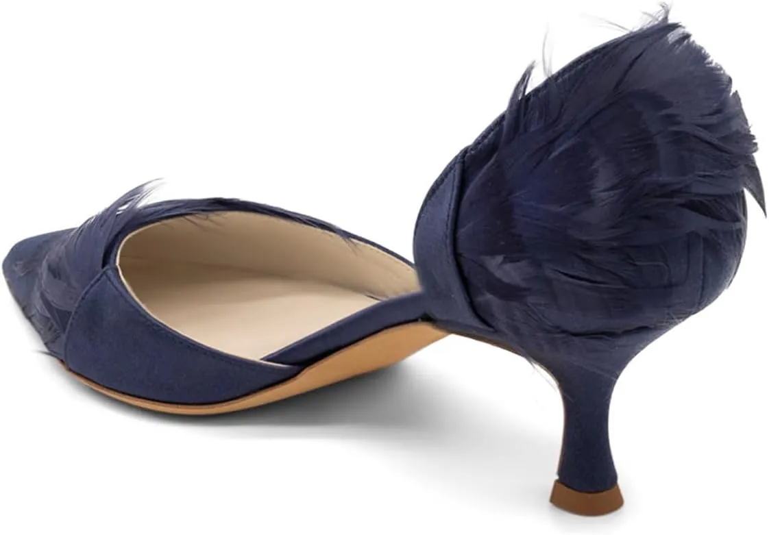 FSJ Women D'Orsay Kitten Low Heels Pumps Closed Pointed Toe Comfort Slip-On Feather Sandals Ladies Work Party Satin Dress Shoes Size 4-16 US