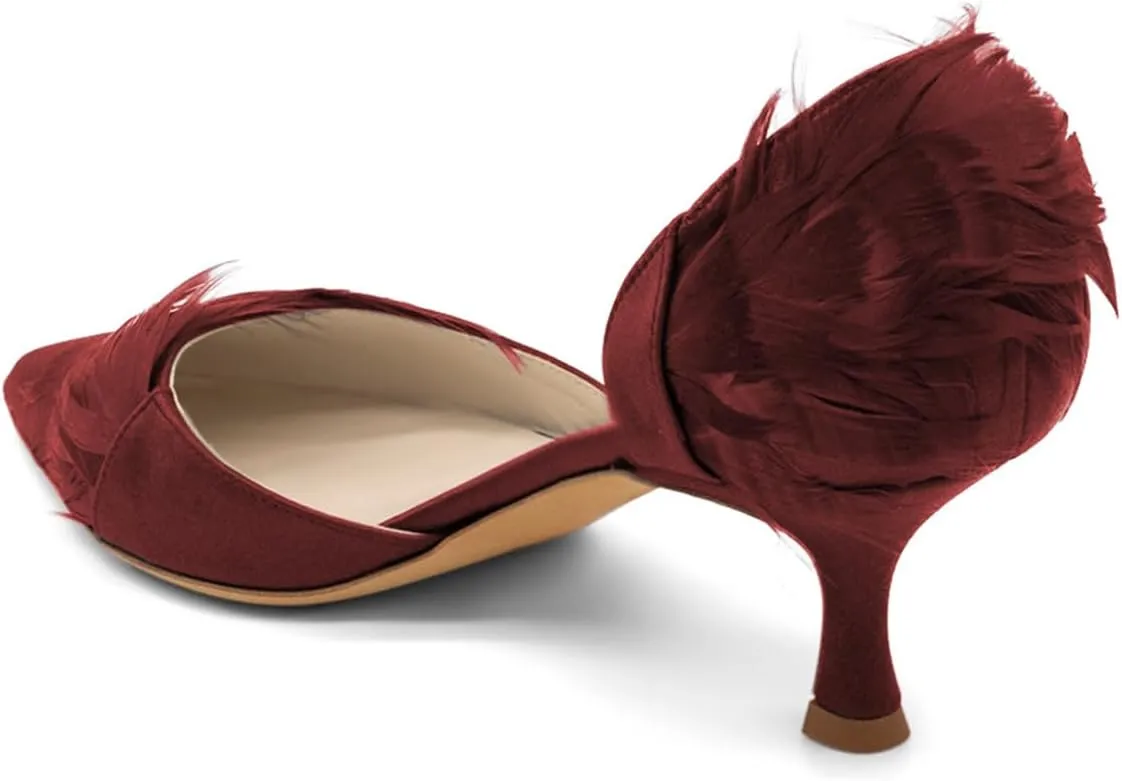 FSJ Women D'Orsay Kitten Low Heels Pumps Closed Pointed Toe Comfort Slip-On Feather Sandals Ladies Work Party Satin Dress Shoes Size 4-16 US
