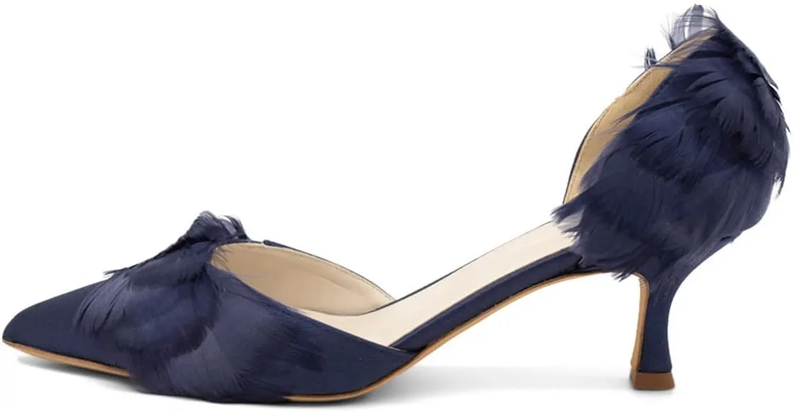 FSJ Women D'Orsay Kitten Low Heels Pumps Closed Pointed Toe Comfort Slip-On Feather Sandals Ladies Work Party Satin Dress Shoes Size 4-16 US