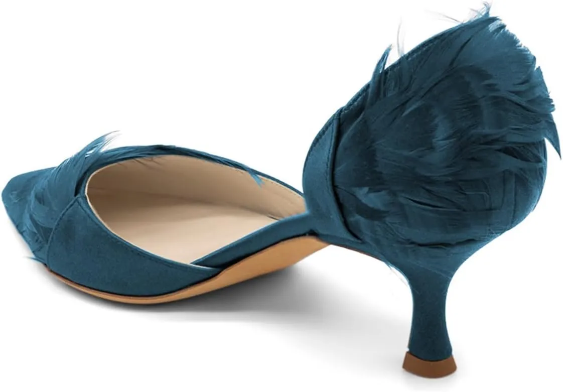 FSJ Women D'Orsay Kitten Low Heels Pumps Closed Pointed Toe Comfort Slip-On Feather Sandals Ladies Work Party Satin Dress Shoes Size 4-16 US