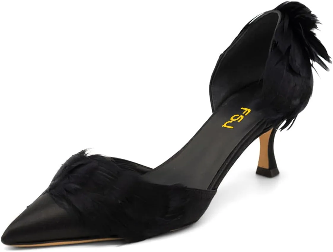 FSJ Women D'Orsay Kitten Low Heels Pumps Closed Pointed Toe Comfort Slip-On Feather Sandals Ladies Work Party Satin Dress Shoes Size 4-16 US