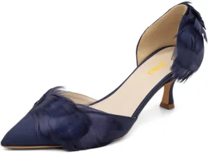 FSJ Women D'Orsay Kitten Low Heels Pumps Closed Pointed Toe Comfort Slip-On Feather Sandals Ladies Work Party Satin Dress Shoes Size 4-16 US