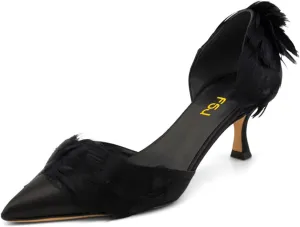 FSJ Women D'Orsay Kitten Low Heels Pumps Closed Pointed Toe Comfort Slip-On Feather Sandals Ladies Work Party Satin Dress Shoes Size 4-16 US