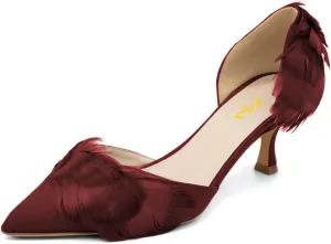 FSJ Women D'Orsay Kitten Low Heels Pumps Closed Pointed Toe Comfort Slip-On Feather Sandals Ladies Work Party Satin Dress Shoes Size 4-16 US