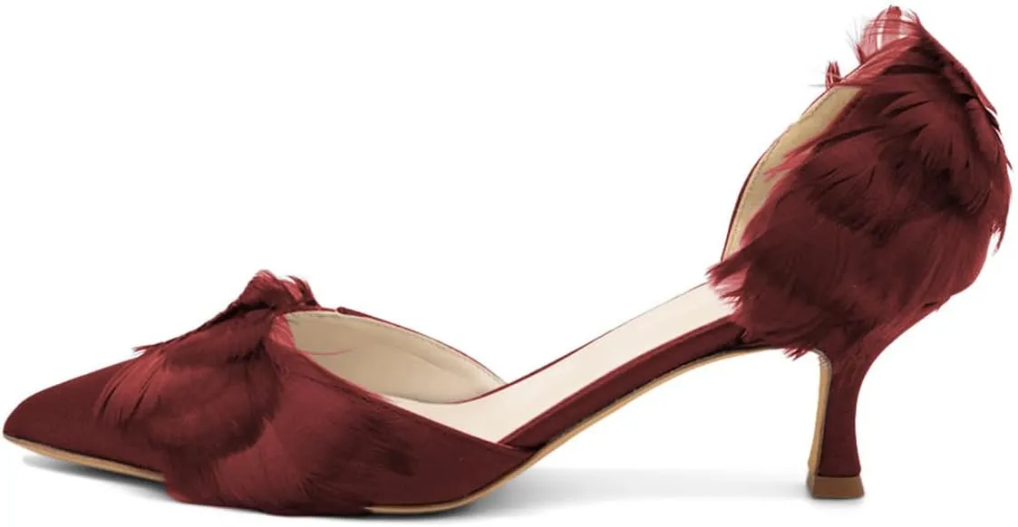 FSJ Women D'Orsay Kitten Low Heels Pumps Closed Pointed Toe Comfort Slip-On Feather Sandals Ladies Work Party Satin Dress Shoes Size 4-16 US