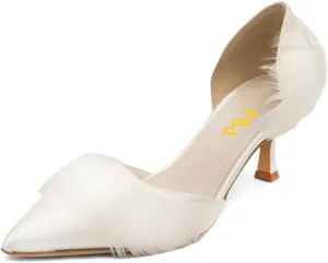 FSJ Women D'Orsay Kitten Low Heels Pumps Closed Pointed Toe Comfort Slip-On Feather Sandals Ladies Work Party Satin Dress Shoes Size 4-16 US