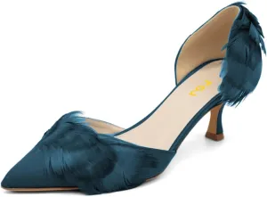 FSJ Women D'Orsay Kitten Low Heels Pumps Closed Pointed Toe Comfort Slip-On Feather Sandals Ladies Work Party Satin Dress Shoes Size 4-16 US