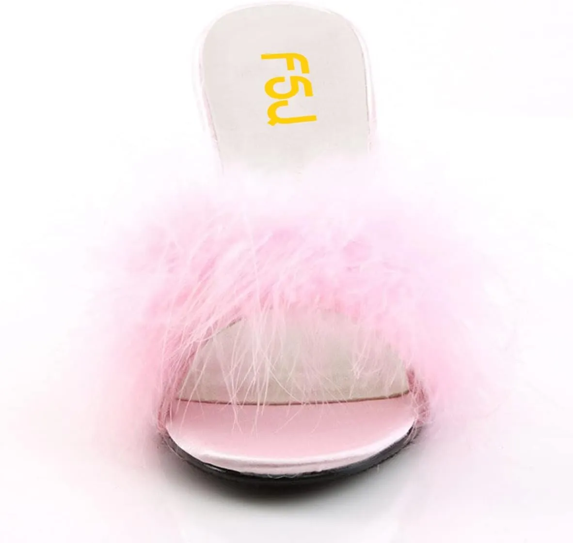 FSJ Women Fashion Feather Fur Fur Kitten Heel Slip On Mules Open Toe Dress Low Heeled Slippers Sandals Slides Outfit Pumps Size 4-15 US