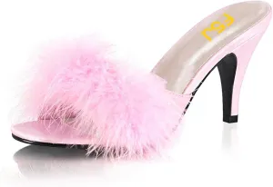 FSJ Women Fashion Feather Fur Fur Kitten Heel Slip On Mules Open Toe Dress Low Heeled Slippers Sandals Slides Outfit Pumps Size 4-15 US