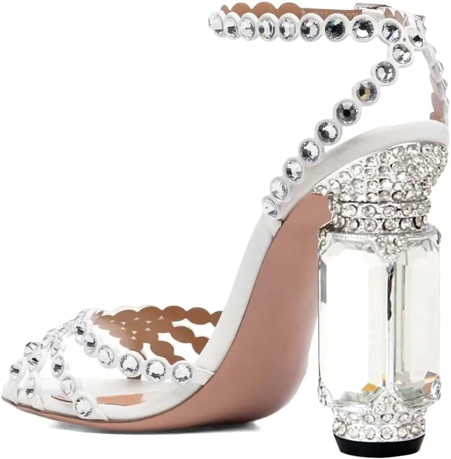 FSJ Women Fashion Open Almond Toe Ankle Strap Sandals Chunky High Heel Crystal Rhinestone Pumps Wedding Party Evening Shoes