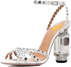 FSJ Women Fashion Open Almond Toe Ankle Strap Sandals Chunky High Heel Crystal Rhinestone Pumps Wedding Party Evening Shoes