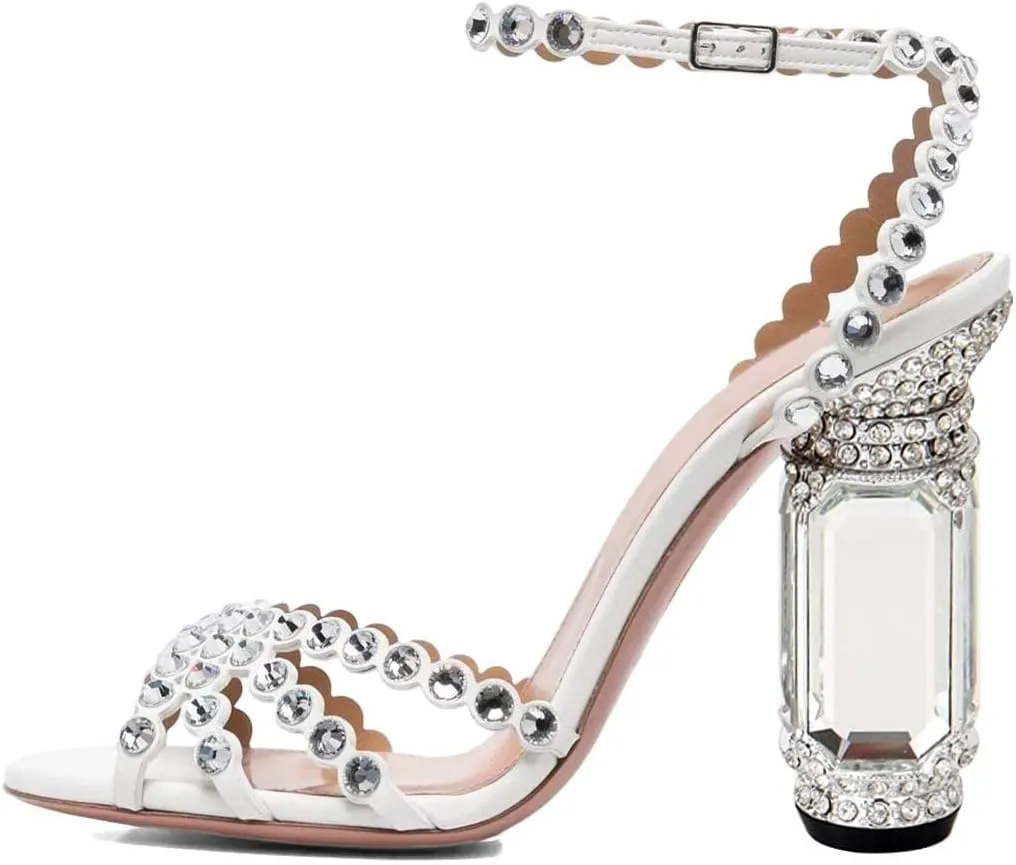FSJ Women Fashion Open Almond Toe Ankle Strap Sandals Chunky High Heel Crystal Rhinestone Pumps Wedding Party Evening Shoes