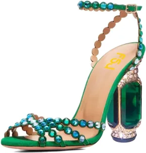 FSJ Women Fashion Open Almond Toe Ankle Strap Sandals Chunky High Heel Crystal Rhinestone Pumps Wedding Party Evening Shoes